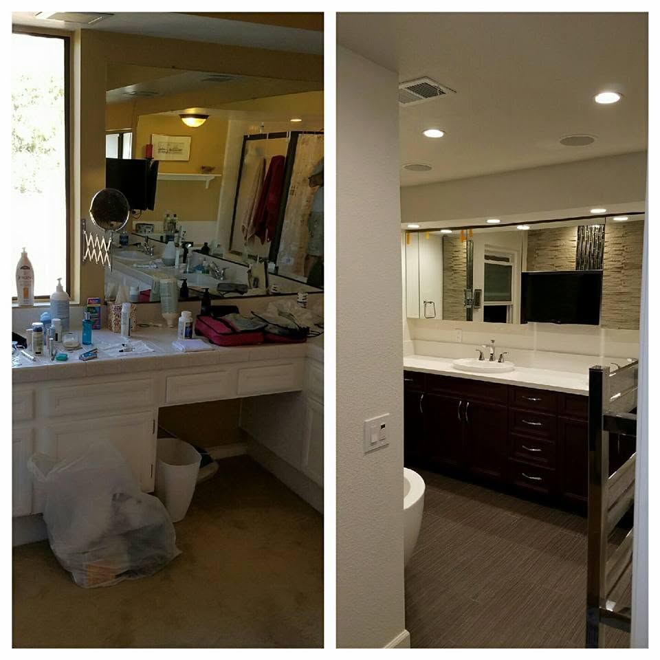 Before and after: vanity area rebuilt with new cabinets, counters and lighting