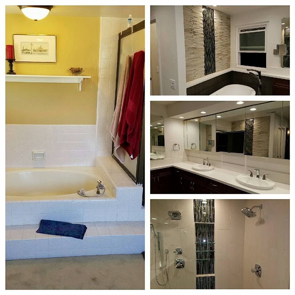 Before and after: dated tub and tile replaced with a modern primary bath