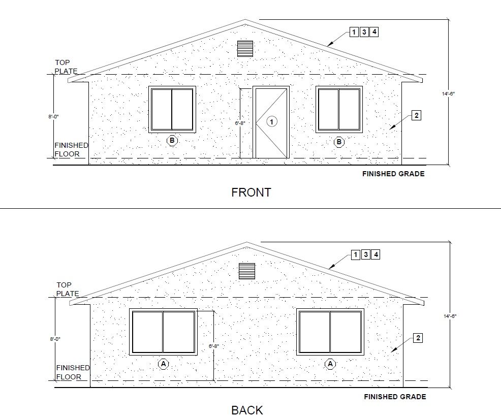 1,200 sq ft plan, elevations